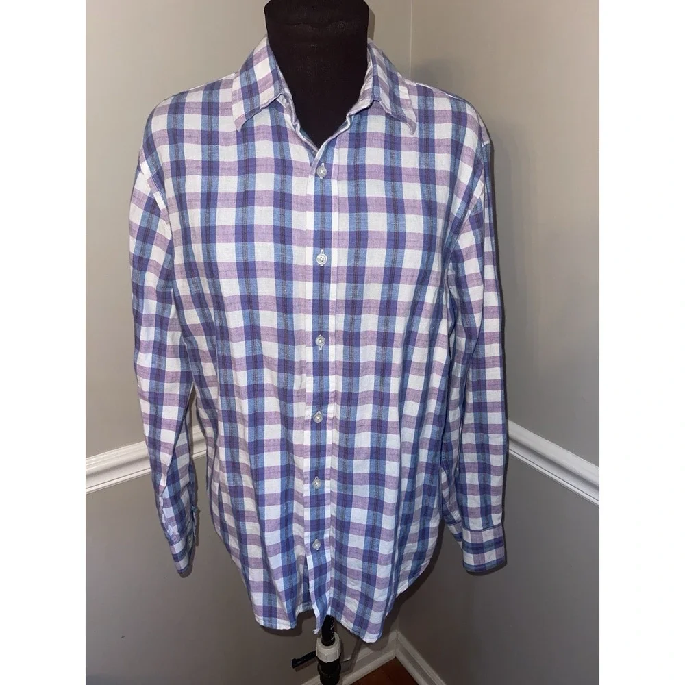 Banana Republic‎ Plaid Purple Blue Linen Cotton Mens Shirt Medium Roll Sleeve